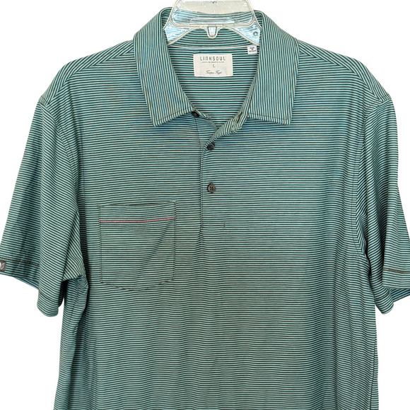 Mens Linksoul Short Sleeve Green w/Black Stripes Golf Polo - Size Large - Picture 1 of 9